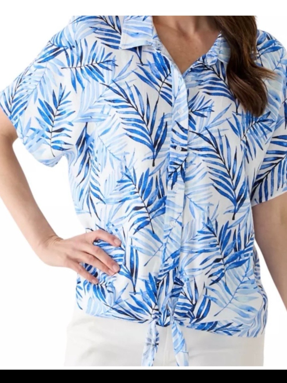 Kim Rogers Tropical Print Linen Blend Tue Front Top SZ PL